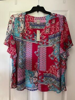 Chico's Patchwork Floral Flutter Sleeve Top - Pink, Red, Teal